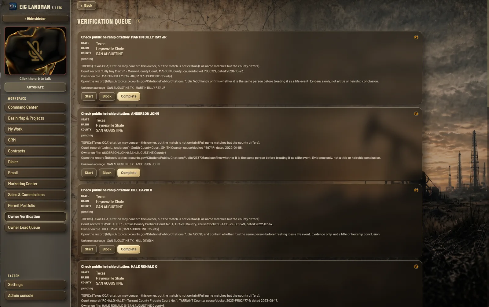 LandMan Owner Verification screen